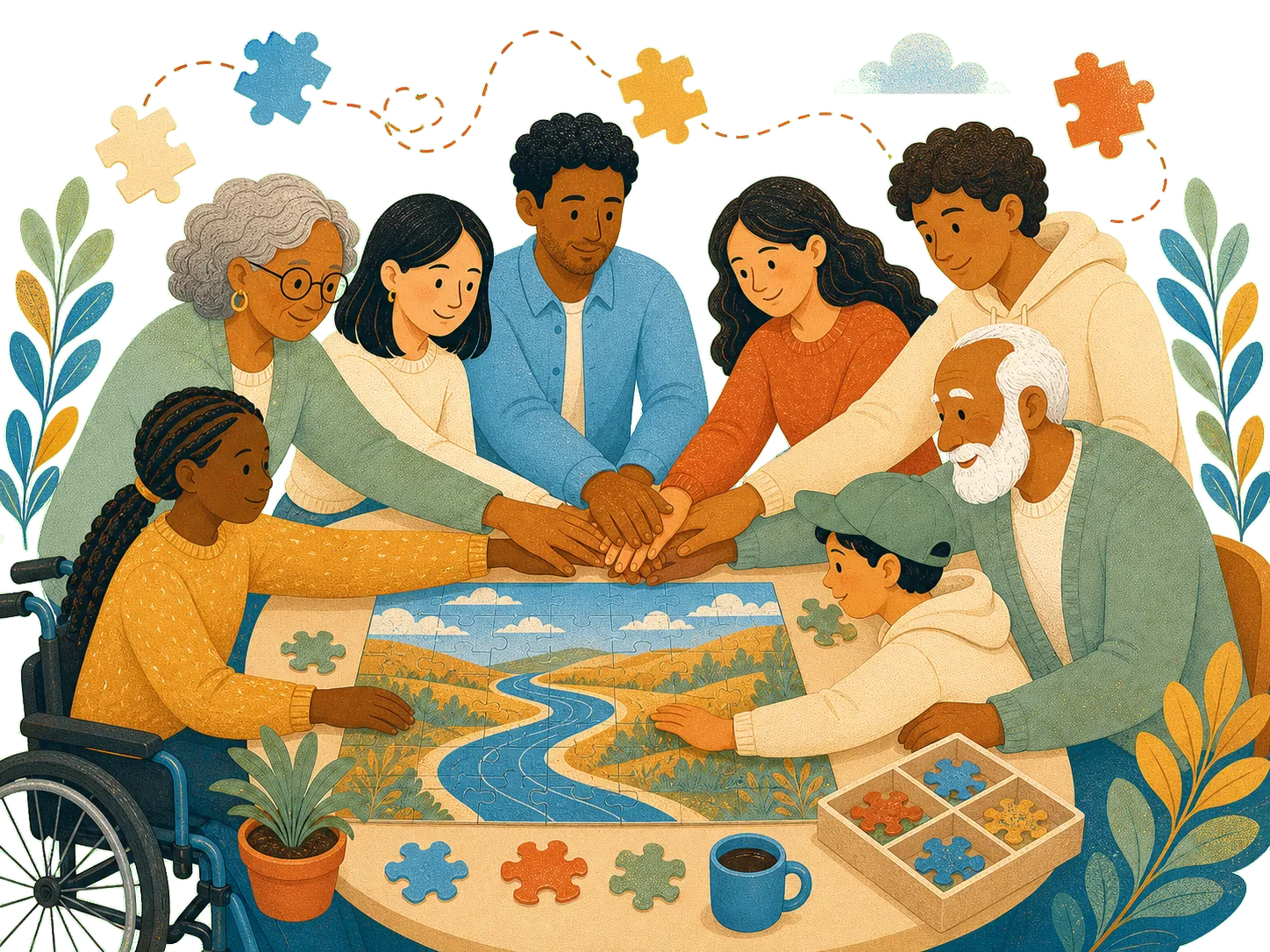 A diverse Calgary community table finishing a puzzle together.