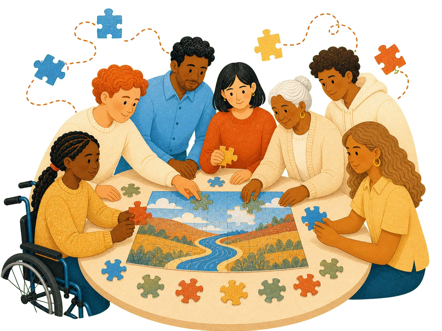 A diverse all-ages Calgary community gathered around an open puzzle table, passing pieces, placing pieces, and building together.