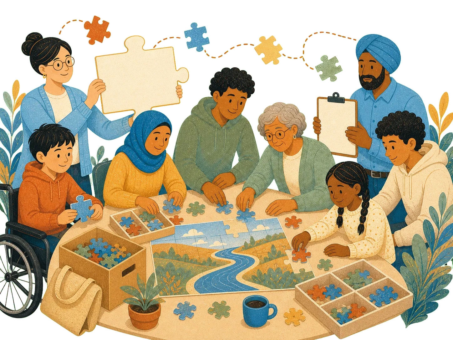 All-ages community volunteers building a free puzzle event together around an open table.